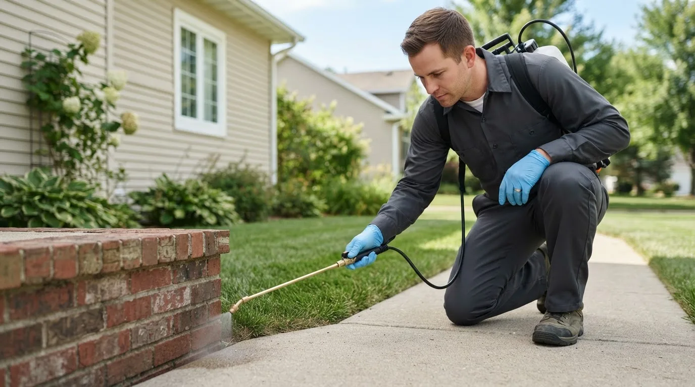 Pest control technician treating a home near Six Lakes, MI