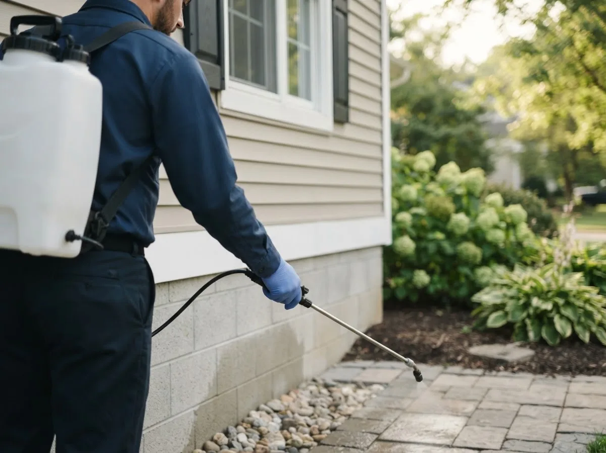 Pest control technician inspecting a home in Six Lakes, MI